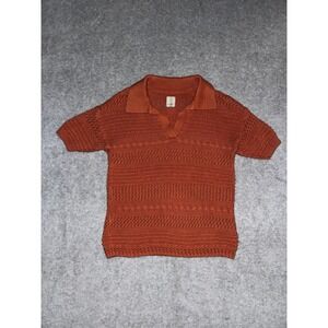 Joie Short Sleeve Open Knit Polo XS Rust Orange Earthy Pointelle Sweater